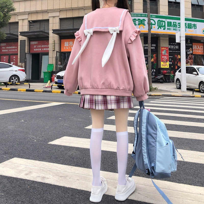Gothic Lolita Harajuku Style Clothing Autumn Sailor Collar Bowknot Rabbit Ears Loose Sweater