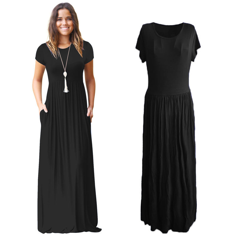 Work Dresses with Pockets Spring/Summer Long Dress Solid Color Short Sleeve Pocket Dress