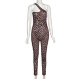 Summer Women's Sexy Mesh Flocking Leopard Print One-Shoulder High Waist Tight Sports Jumpsuit