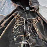 Present Hoodie Vintage Distressed Bone Print Rock Zipper Hooded Sweater