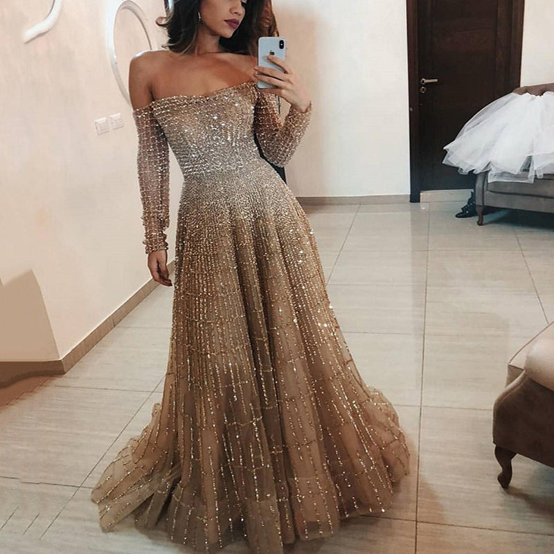Semi Formal Dresses for Wedding Winter Shiny Long Sleeve Tube Top Dress