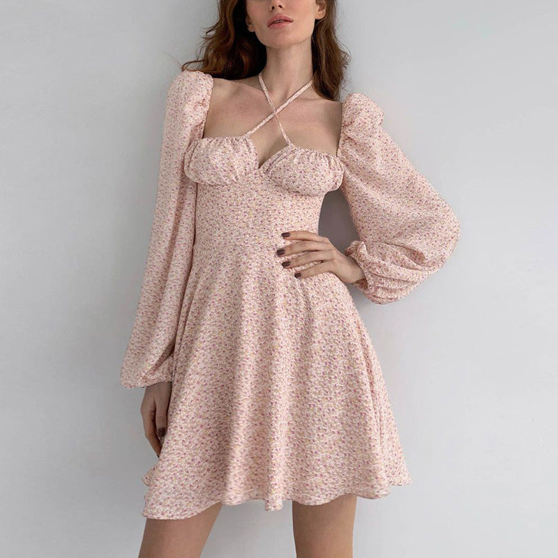 Women Summer Dresses Mini Dress Square Collar Halter Puff Sleeve Floral Skirt Dress