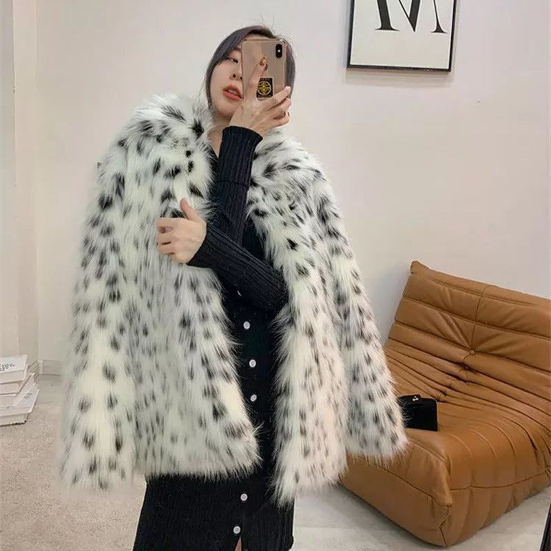 Women Dalmatian Coat Faux Fox Fur Fur Coat Spotted Leopard Print