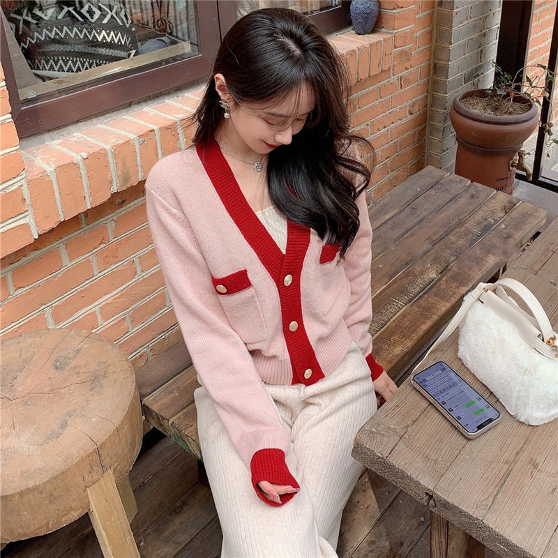 Preppy Aethetic Outfits Autumn Pink Short Solid Color Knitted Sweater