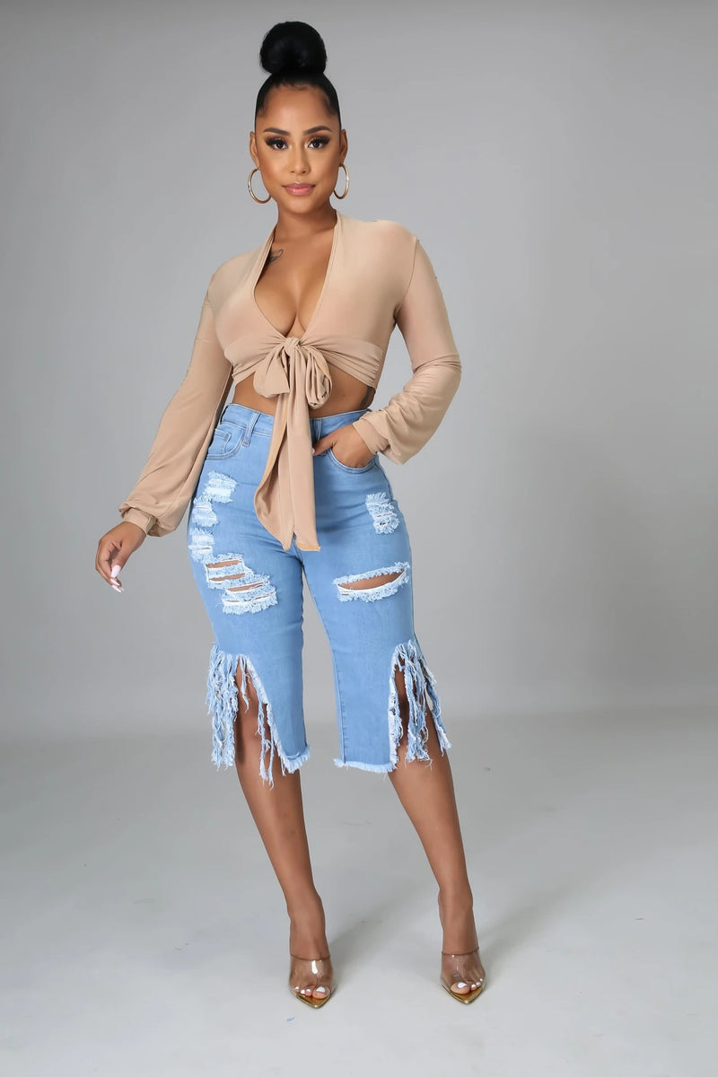 Women Denim Shorts Ripped Stretch Tasseled Jeans Women's Middle Pants