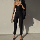 Women Top & Pant 2 Piece Set Winter Camisole Slim-Fit Straight Trousers Suit