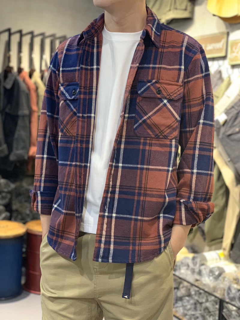 Mens Flannel Jacket Autumn and Winter Thickening Vintage Thick Brushed Washed Overalls Plaid Shirt Coat