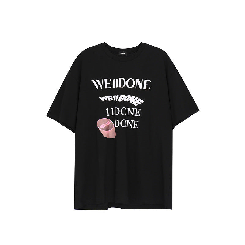 We11done T Shirt Puff Print Letter Logo Chocolate Printed round Neck Loose Men and Women Short Sleeve