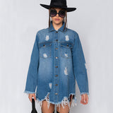 Women Denim Jacket Fashion Holes Mid-Length Denim Jacket