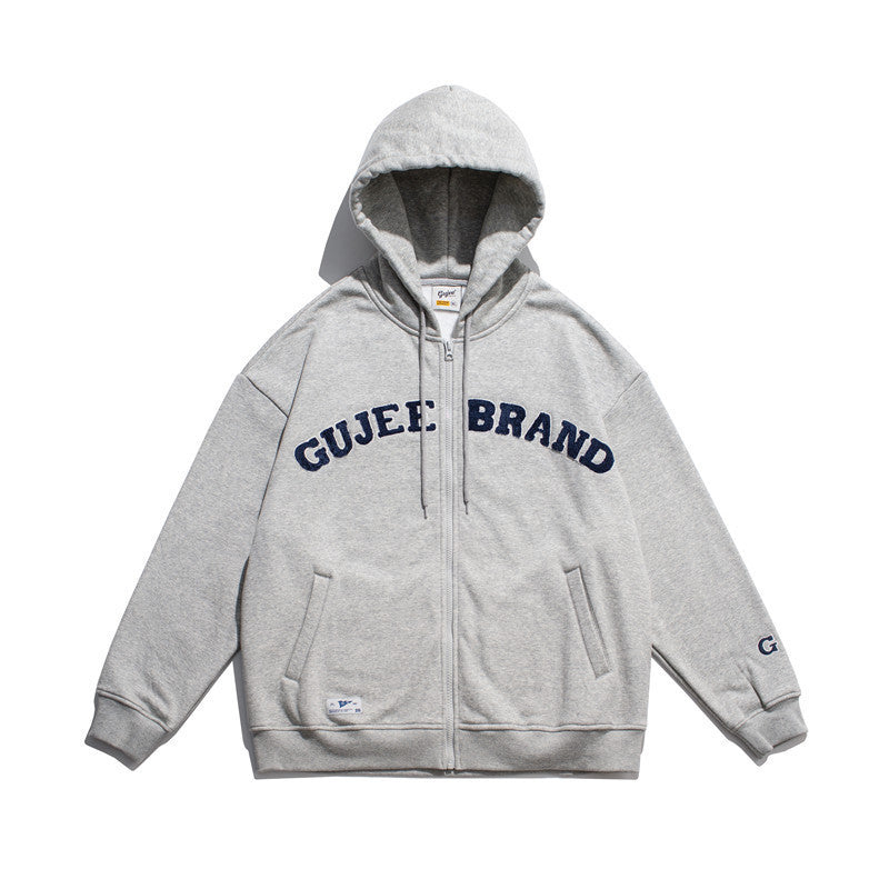 Slogan Graphic Hoodie Flocking Letter Embroidery Thickening Sweater Couple Cardigan Top