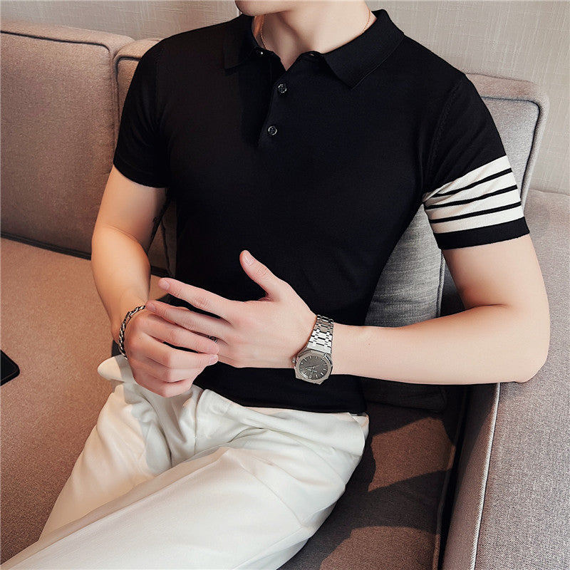 Men Polo Shirts Summer Casual Striped Lapel T-shirt