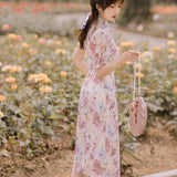 Women Cottagecore Dress Vintage Beaded Floral Cheongsam Dress