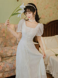 Women cottagecore Dress Summer Retro White Square-Cut Collar Dress