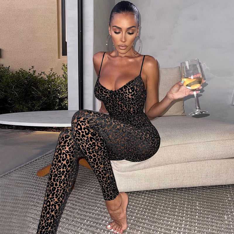 Summer Women's Sexy Low-Cut Sling Flocking Skinny Sheath Jumpsuit Women