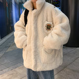 Men's Autumn Winter Coat Stand Collar Plush Cotton Coat with Solid Color