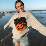 Halloween Costumes Fall Cat Pumpkin Printed Crew Neck Sweatshirt Female