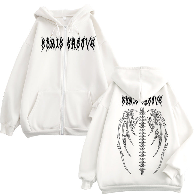 Skeleton Hoodie Vintage Printed Zipper Hooded Sweatshirt Angel Bones Wings Men's and Women's Coats