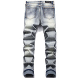 J Shaped Jeans Stitching Hole Patch Stick-on Crystals Men's Straight Stretch Jeans