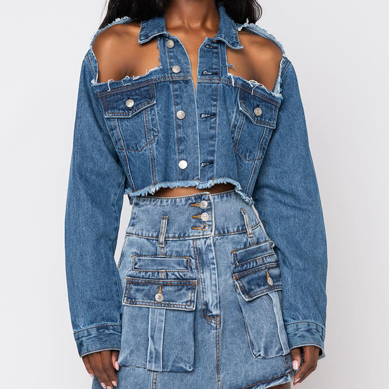 Women Denim Jacket Sexy Ripped off-Shoulder Denim Jacket for Women