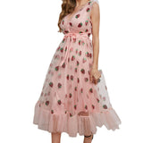 High Waist Sleeveless Strawberry Mesh Dress Casual Fashionable