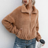 Women Sherpa Jacket Autumn and Winter Double-Sided Plush Lapel Short Top Drawstring Sweatshirt Coat