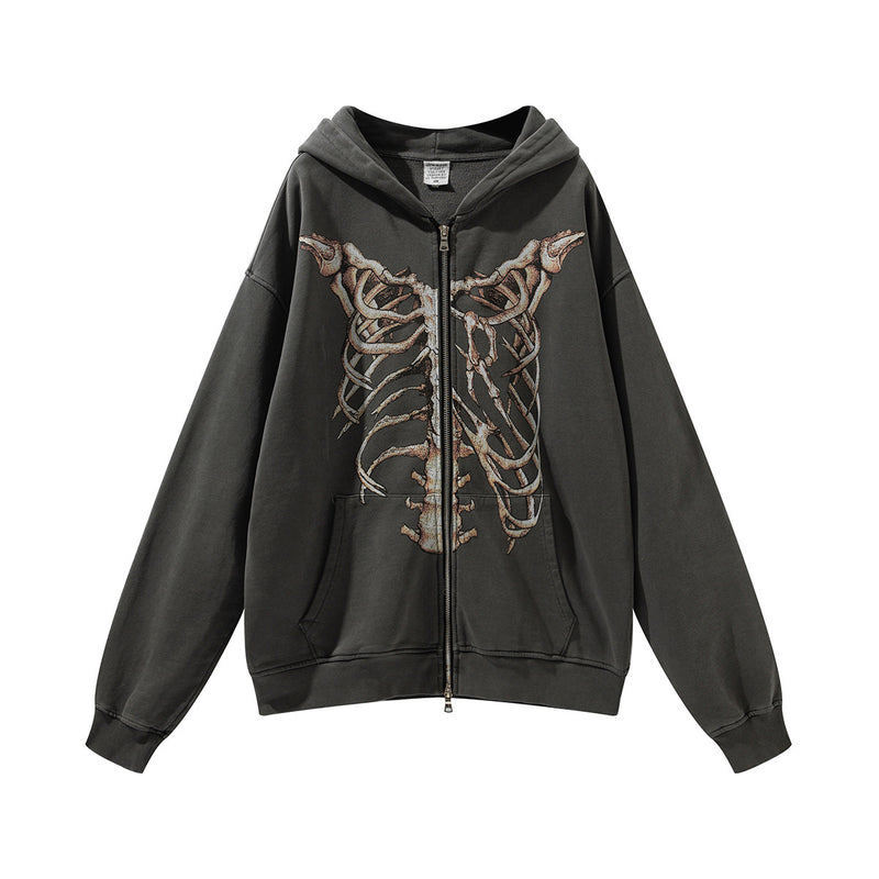 Skeleton Hoodie Skull Skeleton Printed Washed Zipper Cardigan Outerwear