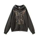 Skeleton Hoodie Skull Skeleton Printed Washed Zipper Cardigan Outerwear