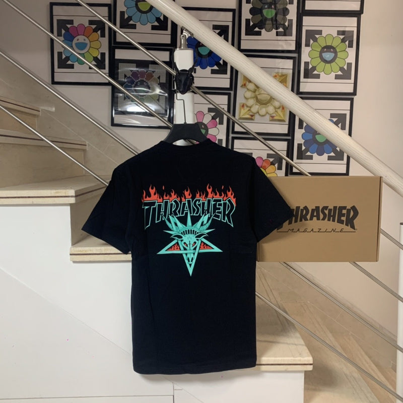 Thrasher T Shirt Thrasher Black Sheep Head Flame Loose Short Sleeve Fall Winter Couples Men