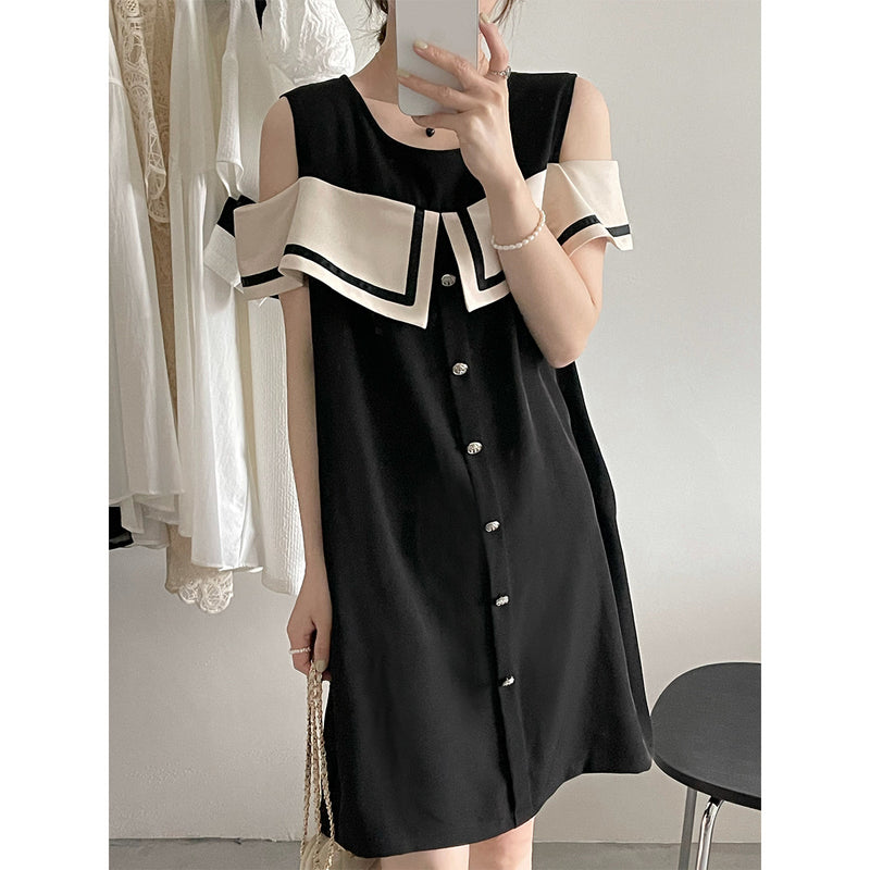 Kim Kardashian Marilyn Monroe Dress Summer round Neck Solid Color Women's off-the-Shoulder Contrast Color Dress Vintage Skirt