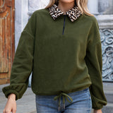 Women Sherpa Jacket Leopard Print Stud for Autumn and Winter Lapel Polar Fleece Plush Pullover Drawstring Sweatshirt Coat