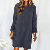 Work Dresses for Girls Autumn and Winter Solid Color Comfortable Plush Long Sleeve round Neck Loose Dress