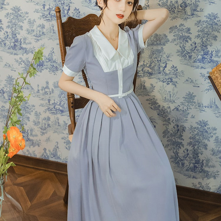 Women Cottagecore Dress Summer Retro Peter Pan Collar Dress Waist-Tight