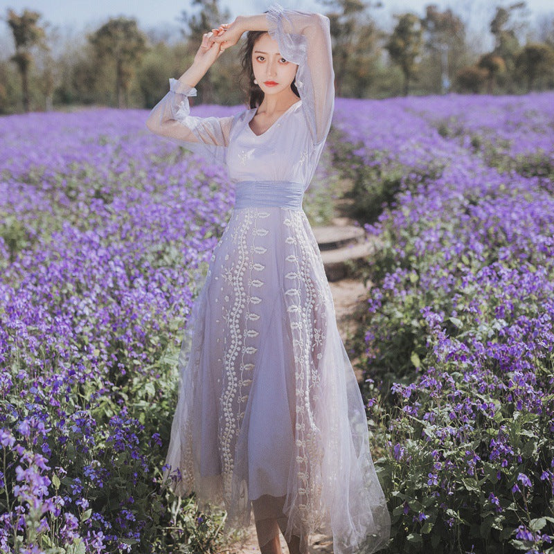 Fairy Dress Refined Handmade Lace Mesh Embroidered V-neck Long Sleeve Light Purple Fairy Lady Super Fairy Spring and Autumn
