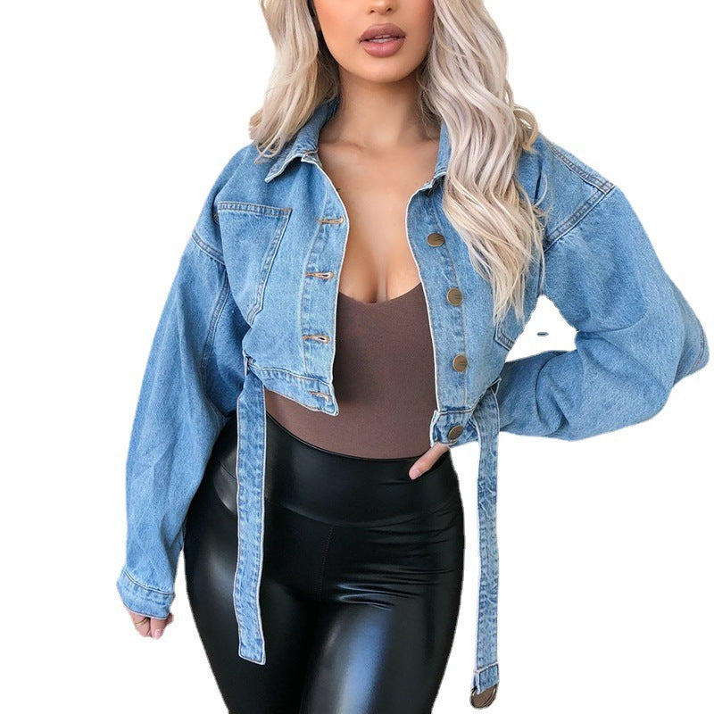 Women Denim Jacket AliExpress Amazon Wish Independent Station New Loose Short Women's Denim Jacket with Belt