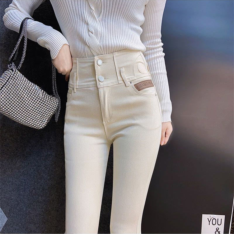 Women's Legging Autumn and Winter Beige High Waist Velvet Padded Leggings Women's Tight