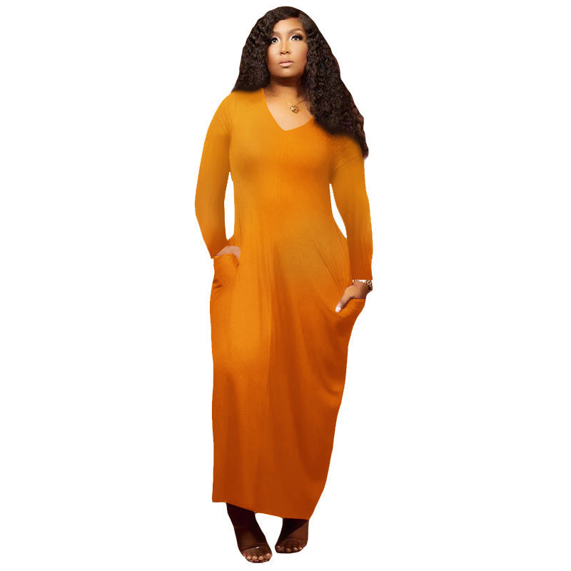 Work Dresses with Pockets Autumn and Winter New Large Size Women's Clothing Solid Color Sexy V-neck Dress