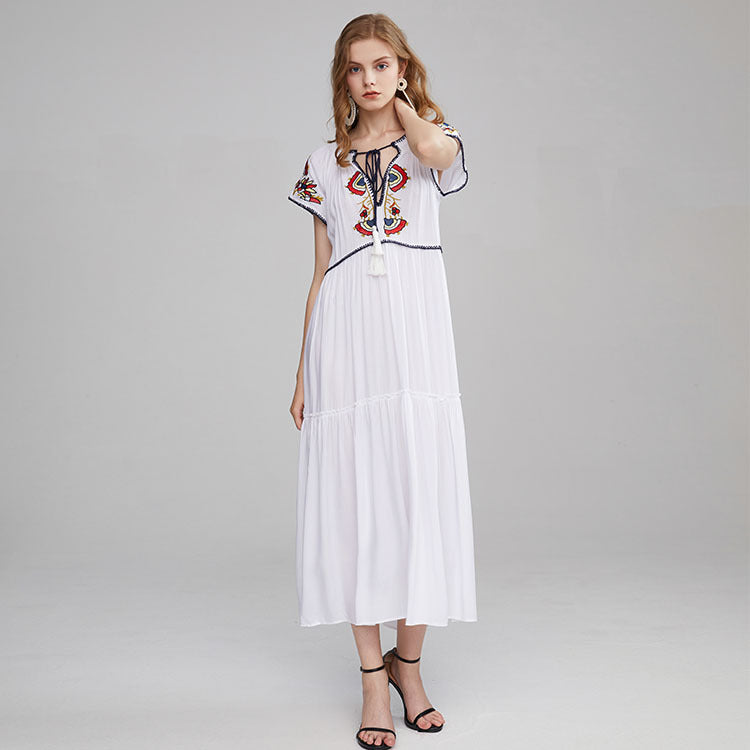 Women Dresses Bohemian Embroidered V-neck Lace-up Dress Long Dress