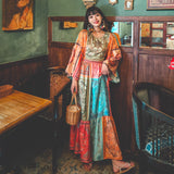 Beth Dutton Bohemian Dress Winter Autumn Midi Dresses Flare Sleeve Contrast Color Round Neck 3/4 Sleeve Color Holiday Dress