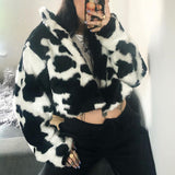 Women Dalmatian Coat Autumn and Winter Cows Pattern Plush Loose High Collar Women
