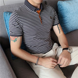 Men Polo Shirts Stretch Knitted Cotton Embroidered Slim Lapel T-shirt Striped Short Sleeve