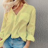 Women Bohemian Shirts Women's Summer Solid Color Long Sleeve Shirt Lapel Cotton