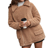 Women Sherpa Jacket Loose Thick Bubble Velvet Zipper Furry Coat Lapel Lamb Wool Trench Coat