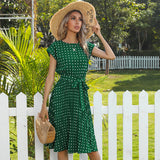 Work Dresses for Teachers Summer Polka Dot round Neck Short Sleeve Lace-up Pleating Dress for Women