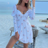 Women Summer Dresses Midi Dress Autumn Women Sexy V-neck Printed Puff Sleeve Backless A- line Skirt Skirt Dress