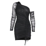 Women Summer Dresses Mini Dress Sexy Mesh Sloping-Shoulder off the-Shoulder See-through Pleating Short Skirt Dress