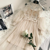Fairy Dress Stand-Collar Gauze Three-Dimensional Women's High Waist Hollow-out Dress Lantern Lace