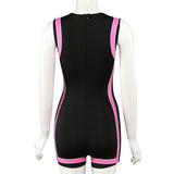 Summer Women's Printed Contrast Color Sexy Sleeveless Sheath Tight Sports Jumpsuit