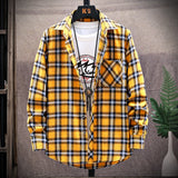 Mens Flannel Jacket Brushed Plaid Slim-Fit Long-Sleeved Shirt Fashion Shirt