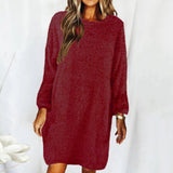 Work Dresses for Girls Autumn and Winter Solid Color Comfortable Plush Long Sleeve round Neck Loose Dress
