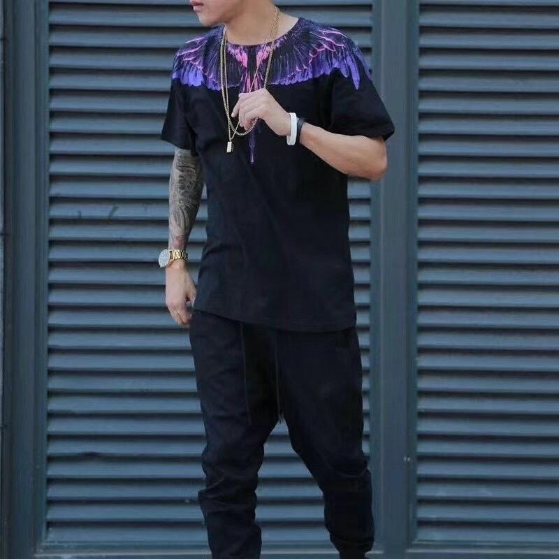 Marcelo Burlon T Shirt Purple Wings Feather Short Sleeve T-shirt Loose Version Couple's Tops Men and Women Half Sleeve